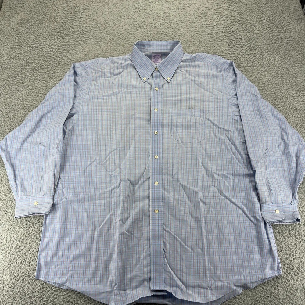 Brooks Brothers Classic Mens 18 34 Blue Plaid Supima Cotton Non Iron Dress Shirt
